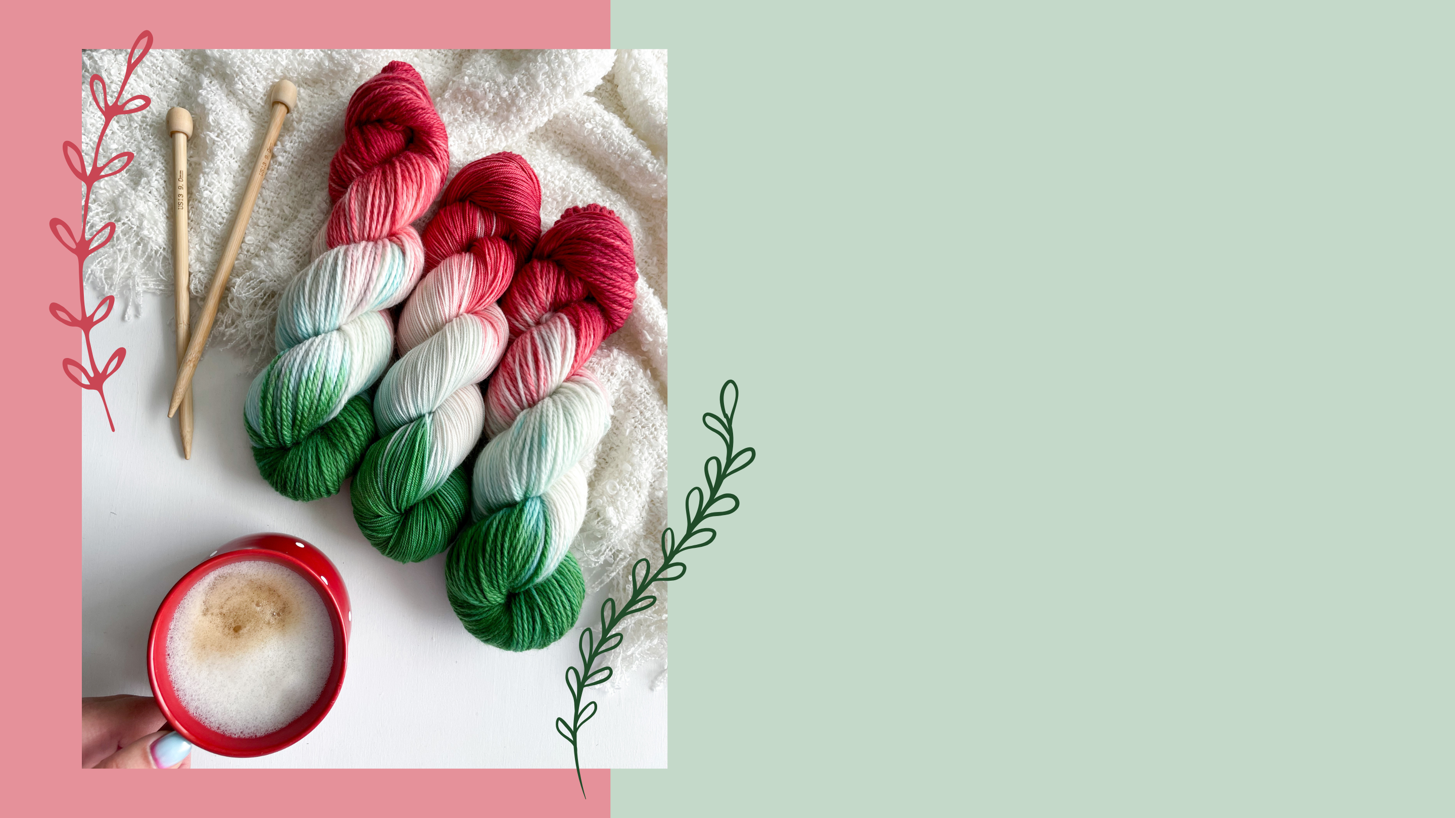 Three skeins of multicolored yarn with knitting needles and a cup of coffee on a light background